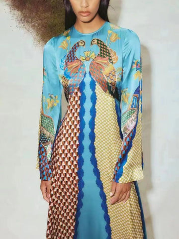 Round Collar Long-Sleeved Dress Animal Print Girded Body 2025 Autumn New Dress